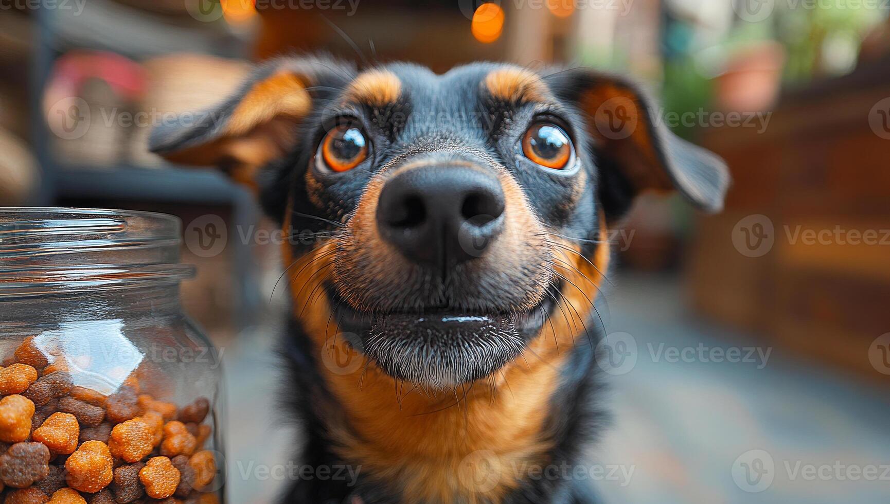 A dog is smiling and looking at the camera while eating food from a jar. The dog appears to be happy and content photo
