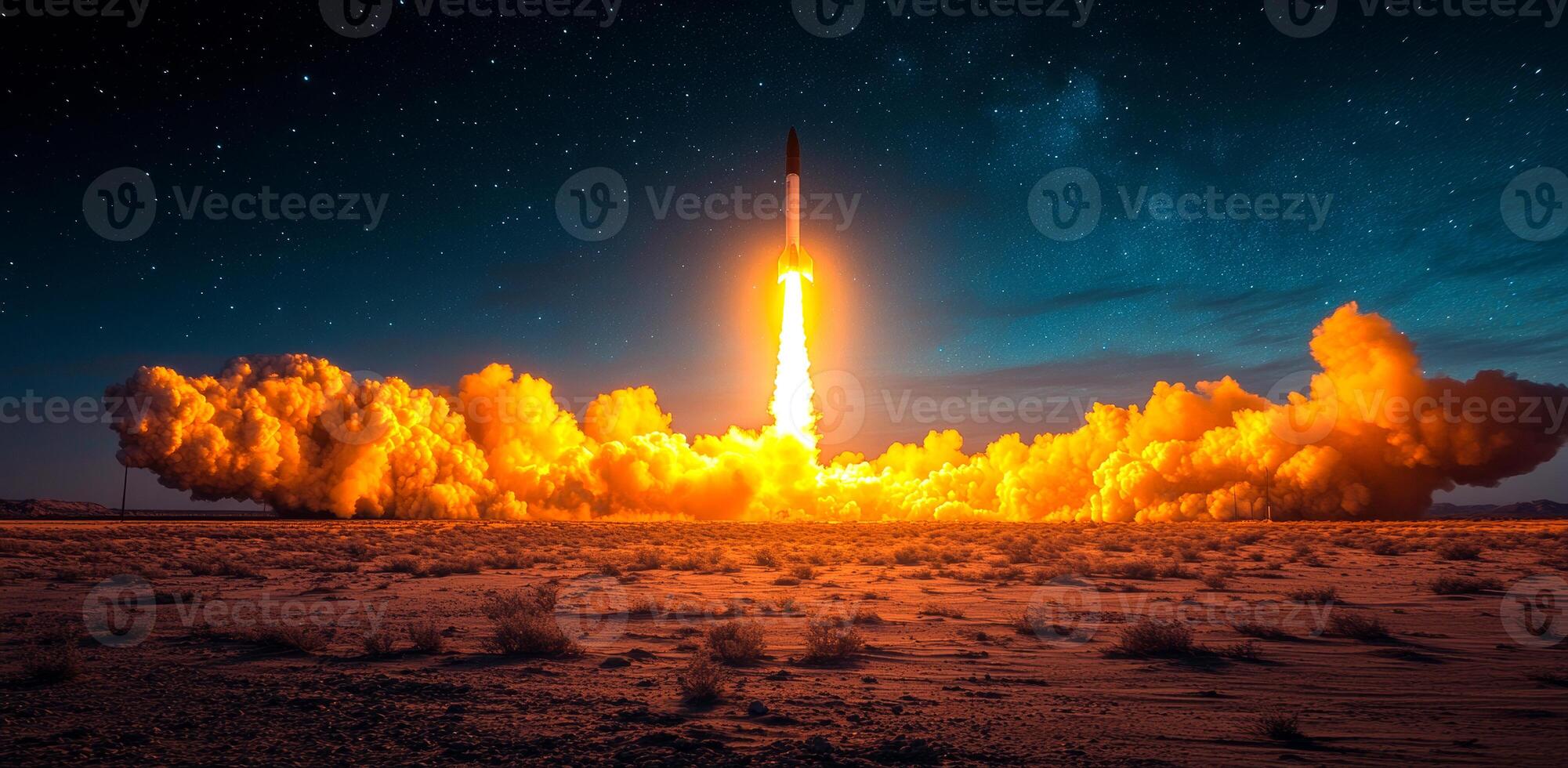 A rocket is launching into the sky, leaving a trail of orange smoke behind it. The scene is set in a vast, empty field, with the stars shining brightly in the background photo