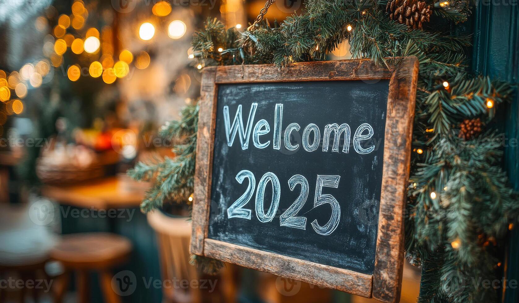 A sign that says Welcome to 2025 is hanging on a tree. The sign is made of wood and has a chalkboard on it. The sign is surrounded by Christmas trees and lights, giving it a festive photo