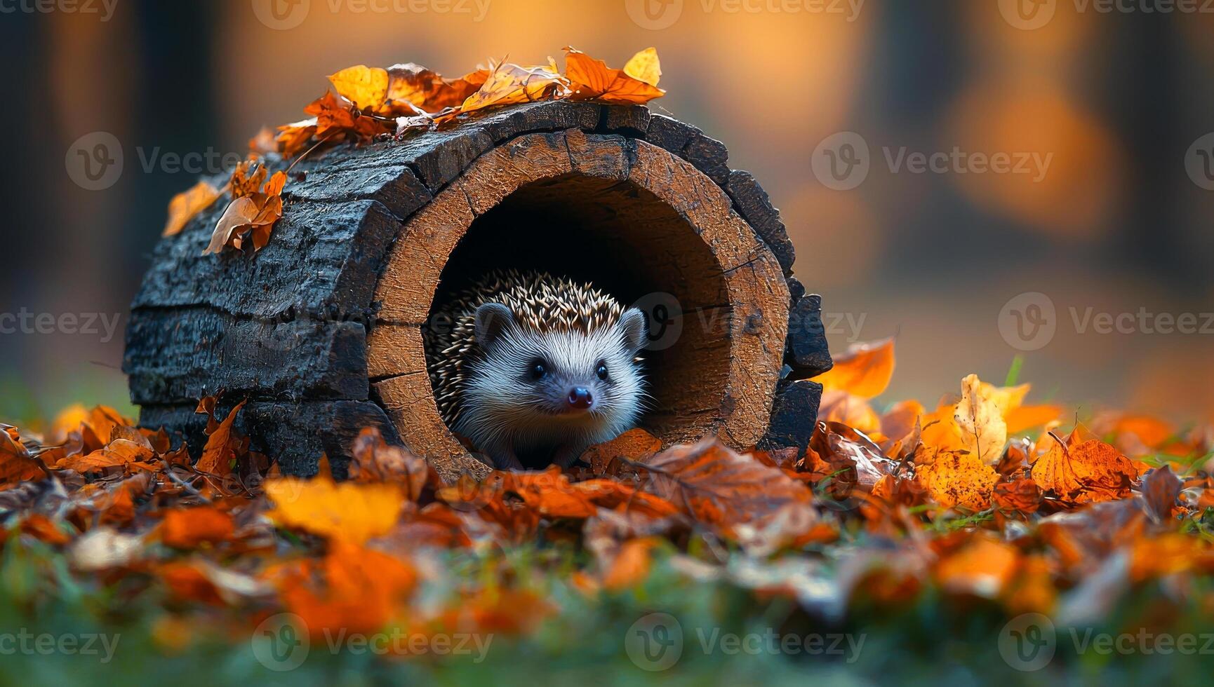A hedgehog is in a log with leaves on the ground. The leaves are orange and the log is brown photo
