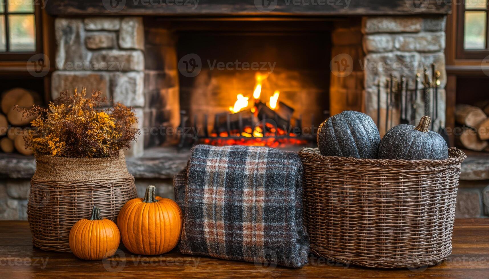 A cozy fireplace with a blanket and pumpkins on a table. The pumpkins are orange and black, and the blanket is plaid. The scene conveys a warm and inviting atmosphere photo
