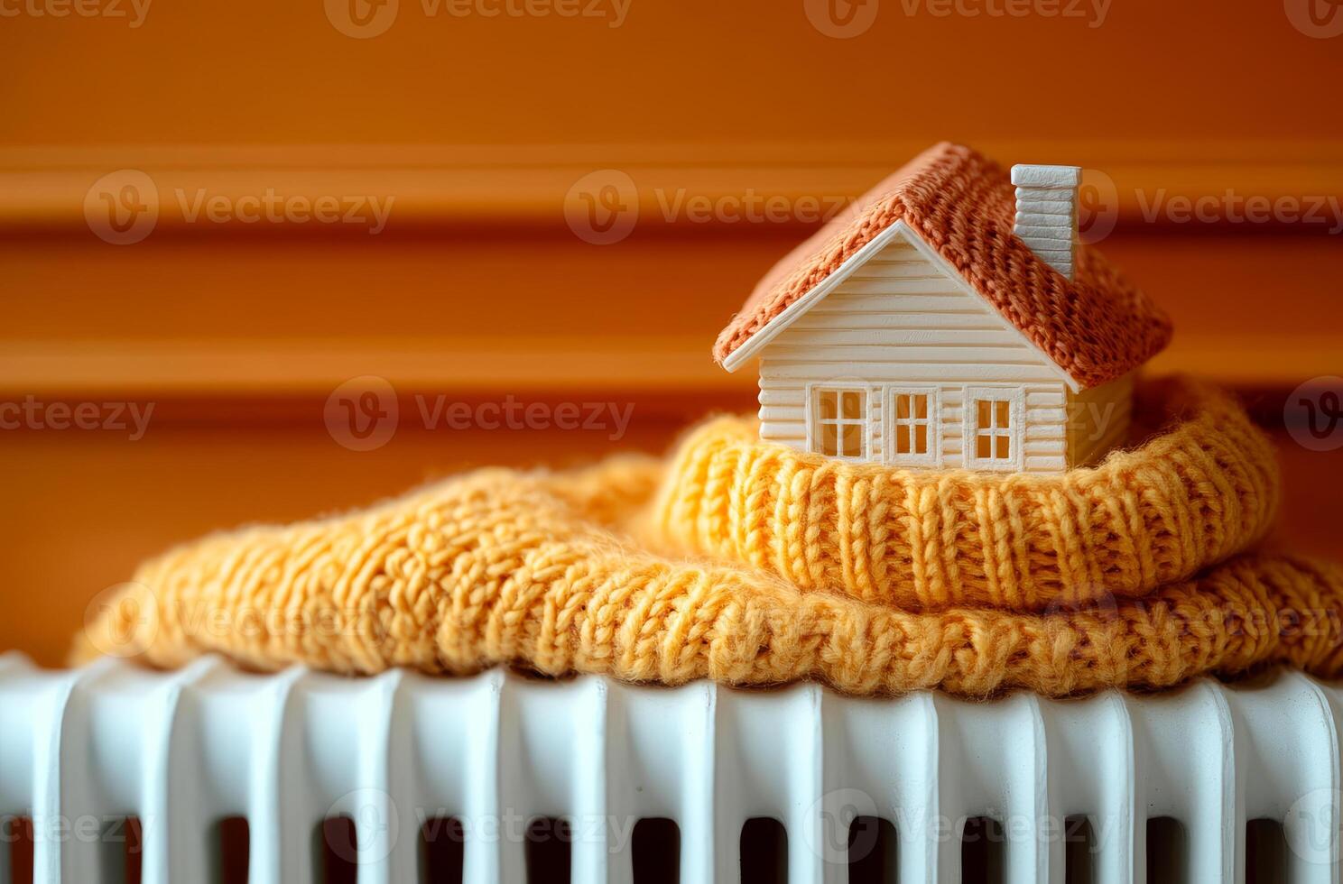 A house is sitting on top of a radiator. The house is white and has a red roof. The radiator is white and has a yellow blanket draped over it photo