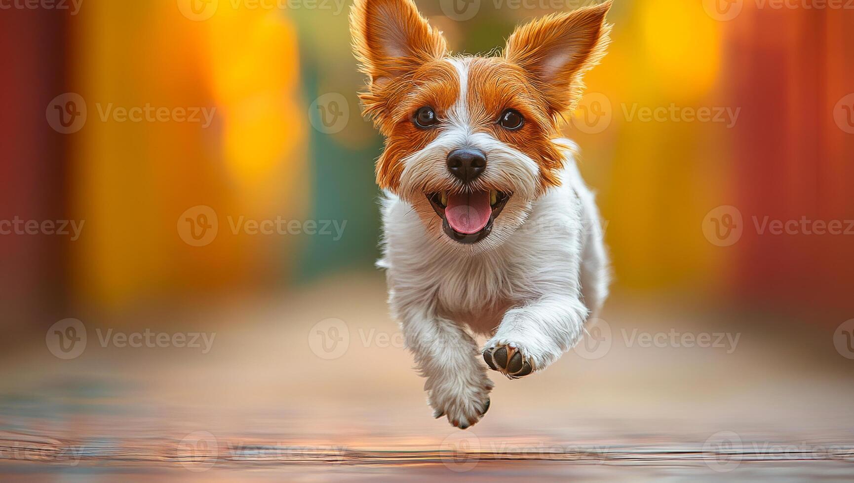 A dog is running and smiling. The dog is white and brown photo