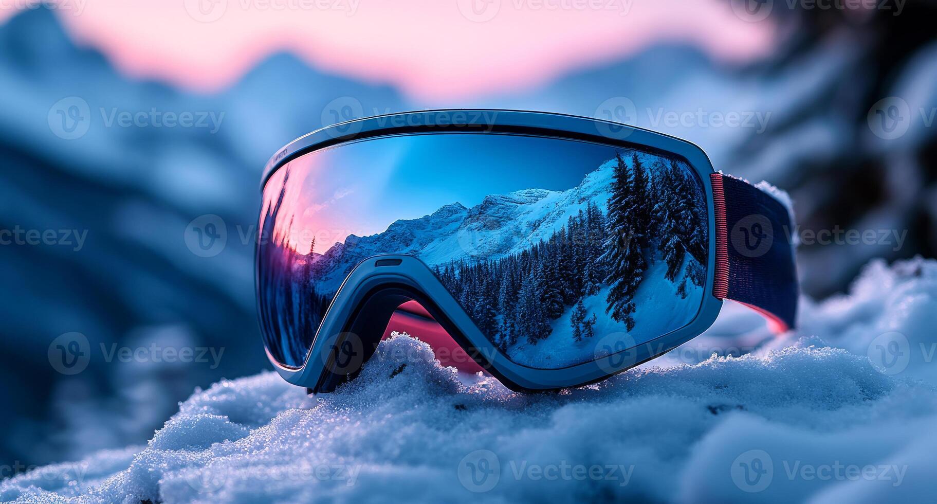 A pair of goggles with a blue lens and a red strap. The goggles are on a snowy surface photo