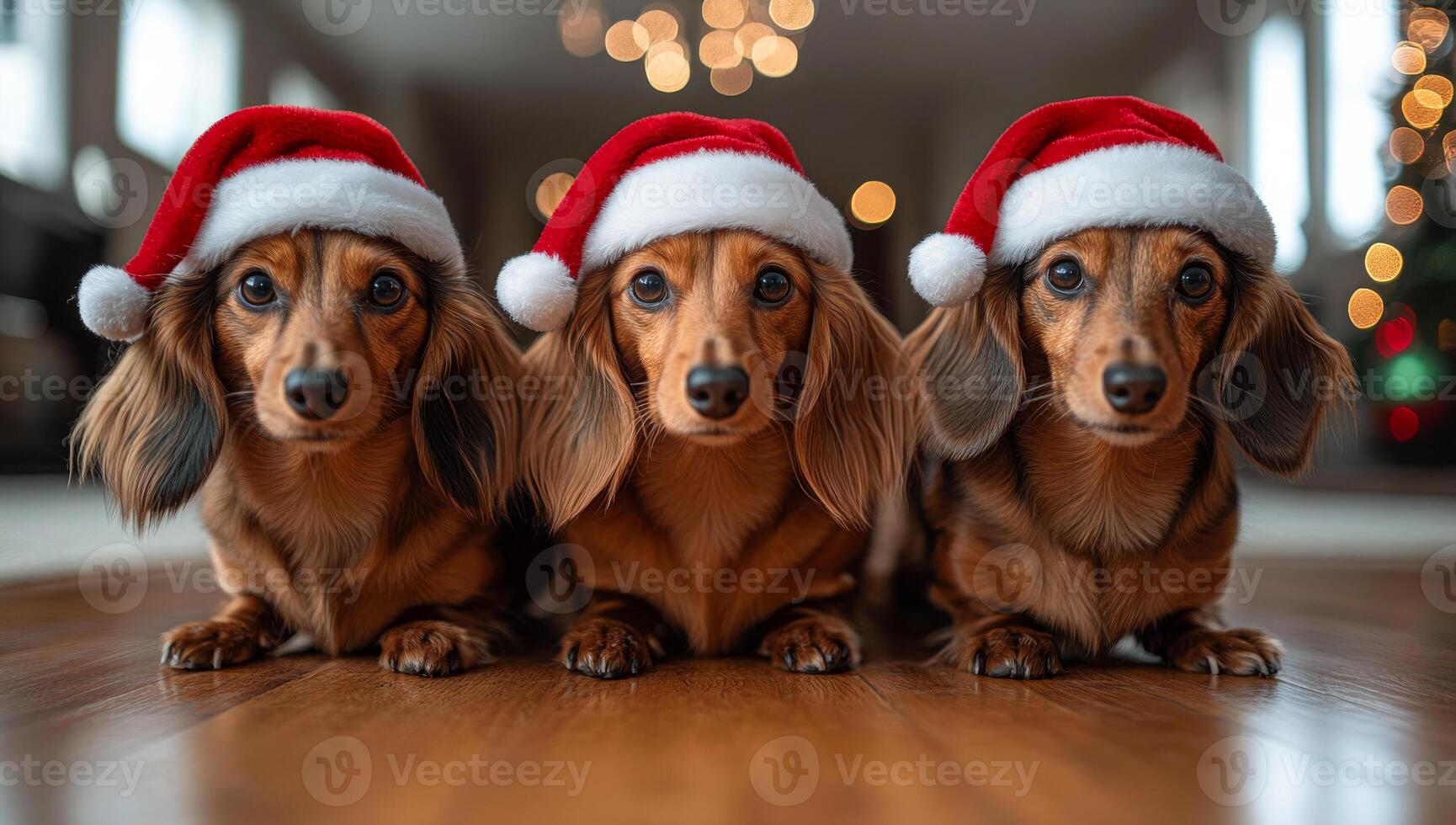 Three dogs wearing santa hats are standing on a wooden floor. The dogs are all brown and appear to be posing for a photo