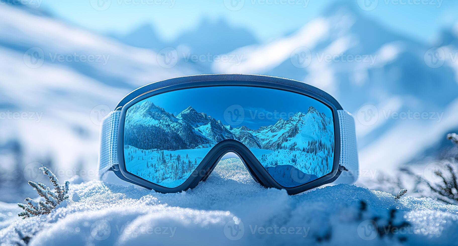 A pair of goggles with a blue lens sits on a snowy surface. The scene is set in a mountainous area, with snow-covered trees in the background. The goggles are the main focus of the image photo
