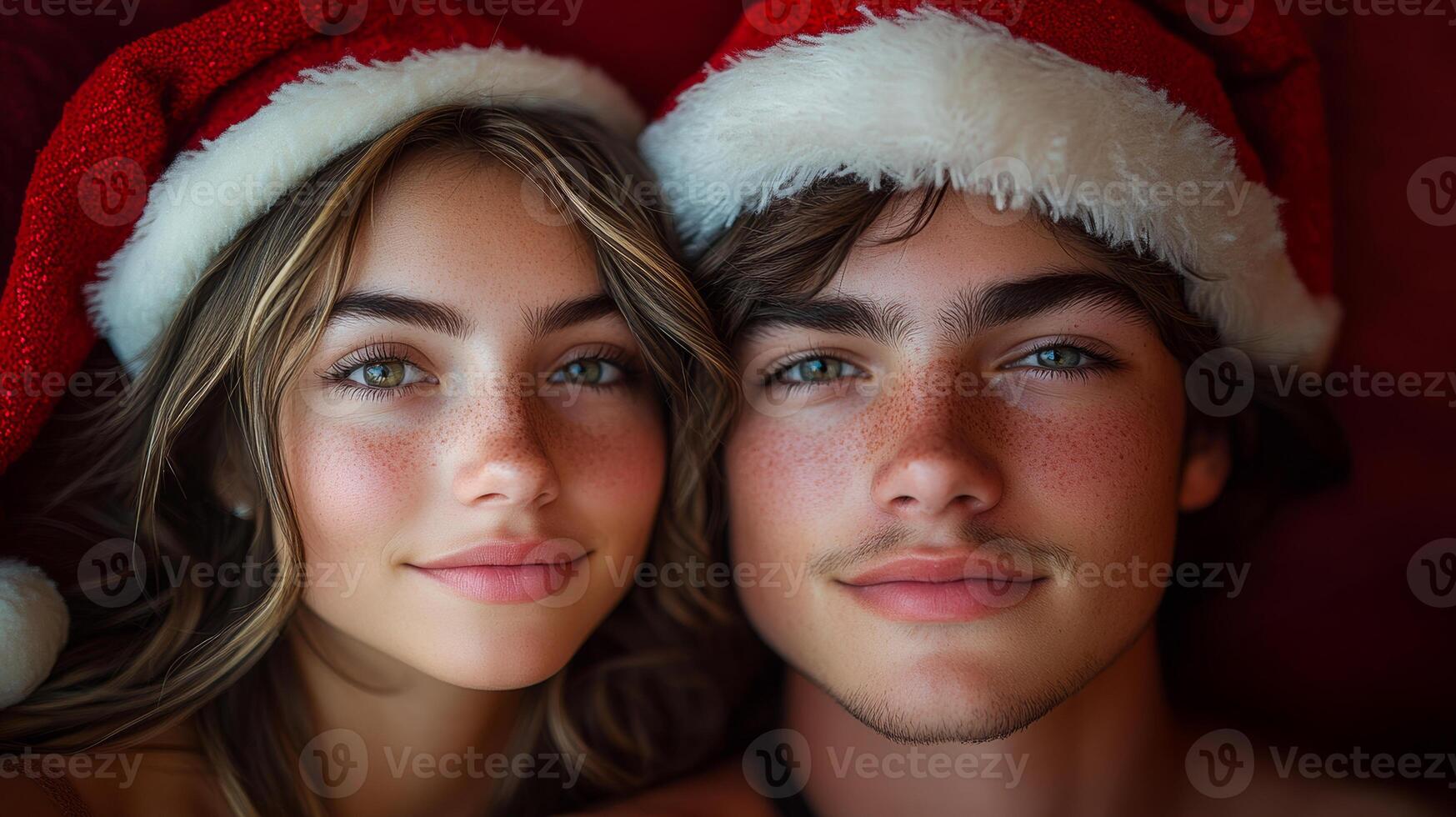 A man and a woman are wearing Santa hats and smiling for the camera. The man has a beard and the woman has green eyes photo