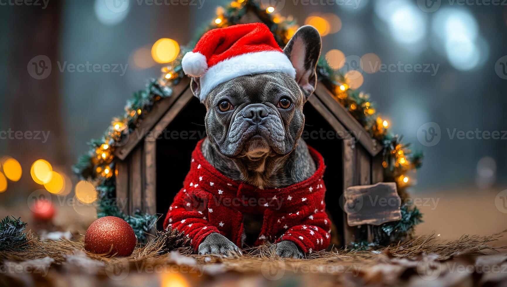 A dog wearing a red sweater and a santa hat is laying in a small wooden structure. The dog is surrounded by Christmas decorations, including a red ball and a sign. The scene has a festive photo