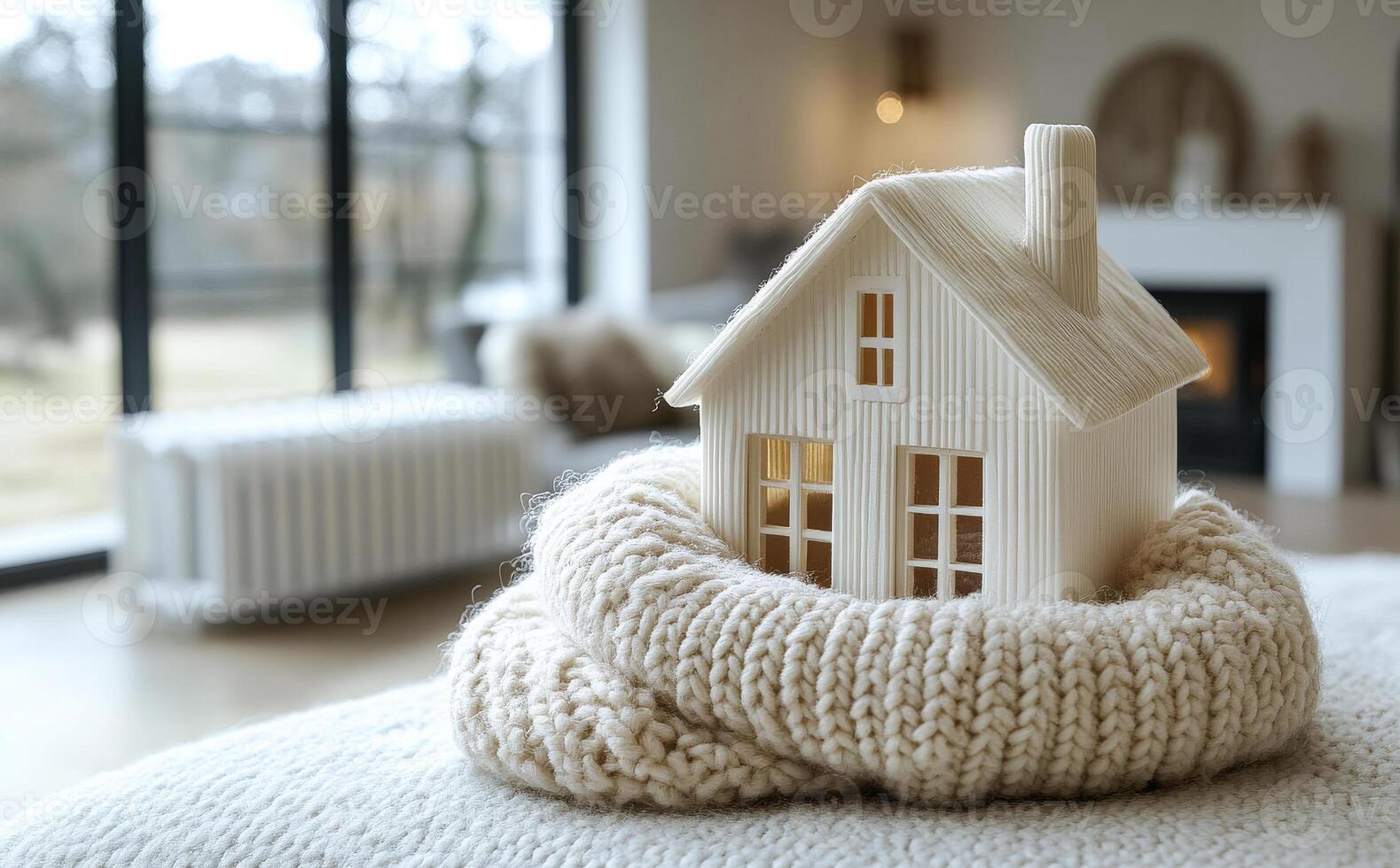 Cozy mini house in a knitted scarf. A small wooden house is snugly wrapped in a thick knitted scarf, set in a bright, modern living room space. photo