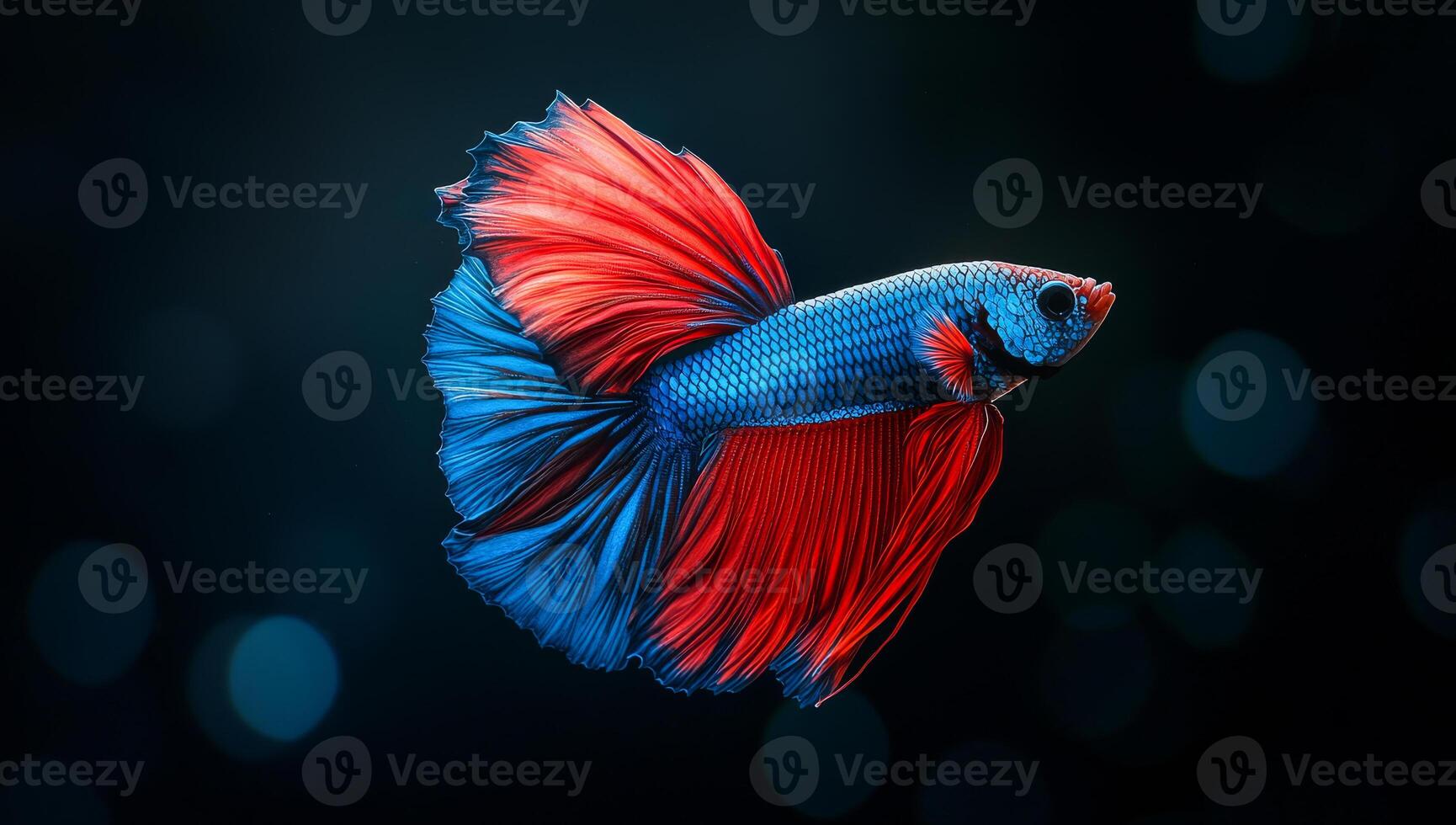 Betta fish in dark water. A vibrant betta fish displays its striking colors while gracefully swimming in a dark aquatic environment. photo