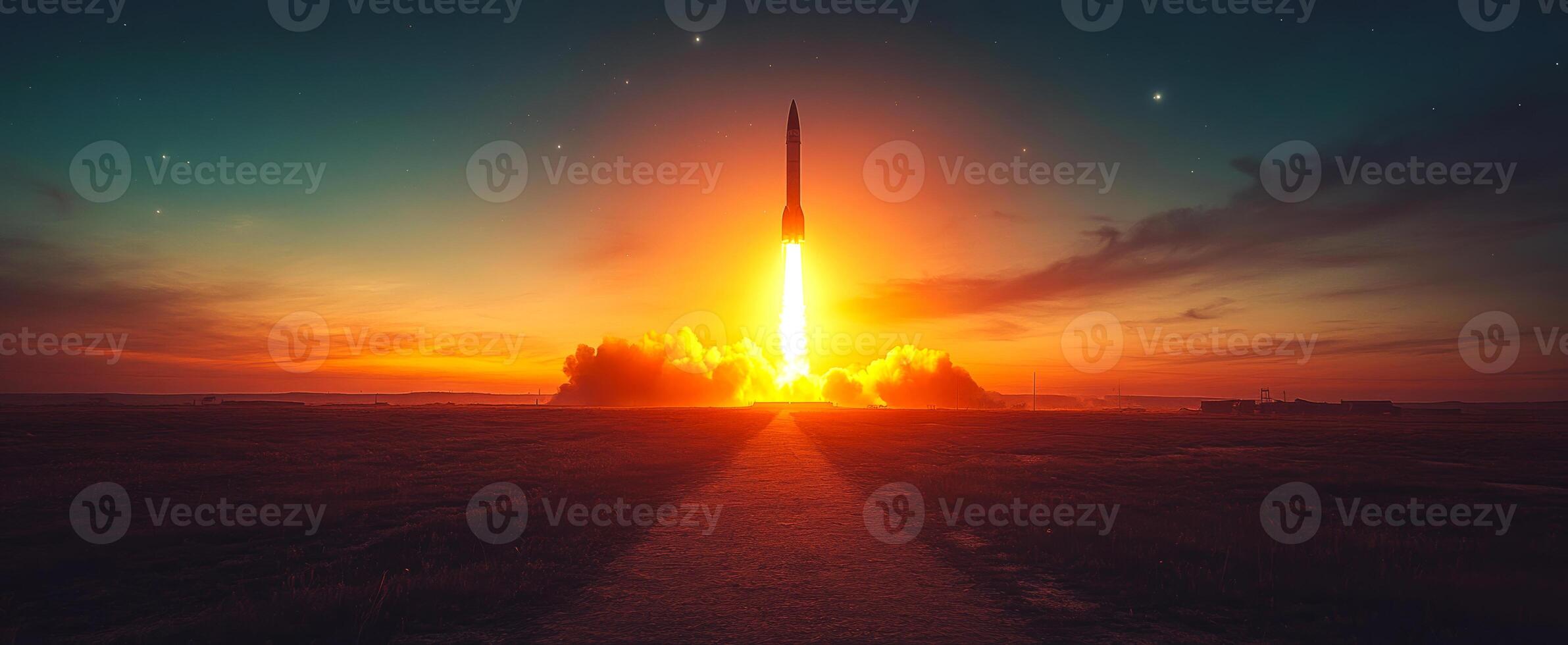 Rocket launch at sunset from a remote launch site. A rocket launches against a vibrant sunset sky, illuminating the area with bright flames and smoke. photo