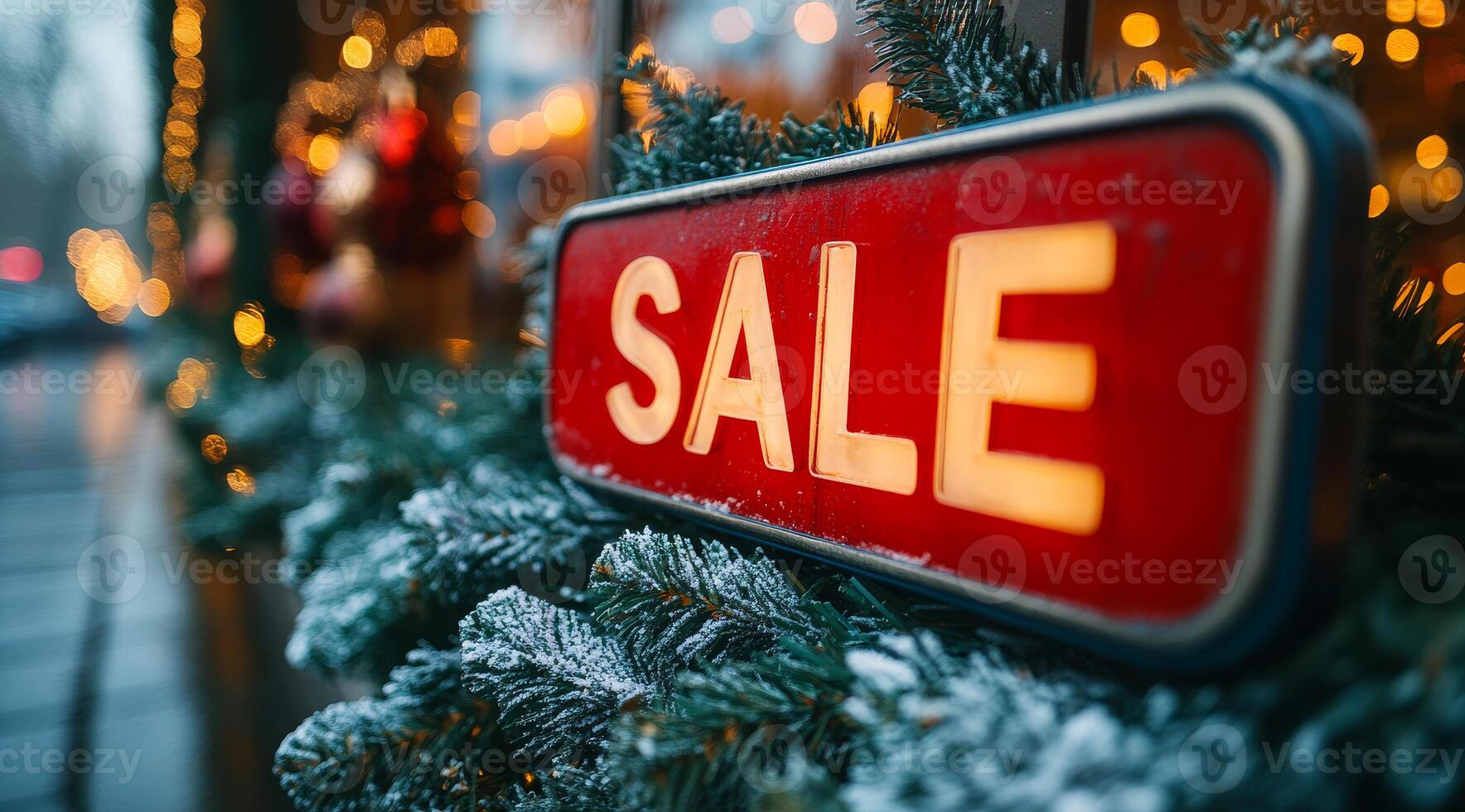 Festive holiday sale sign downtown. A bright red sale sign with holiday lights decorates a shopfront in a busy downtown area this winter. photo