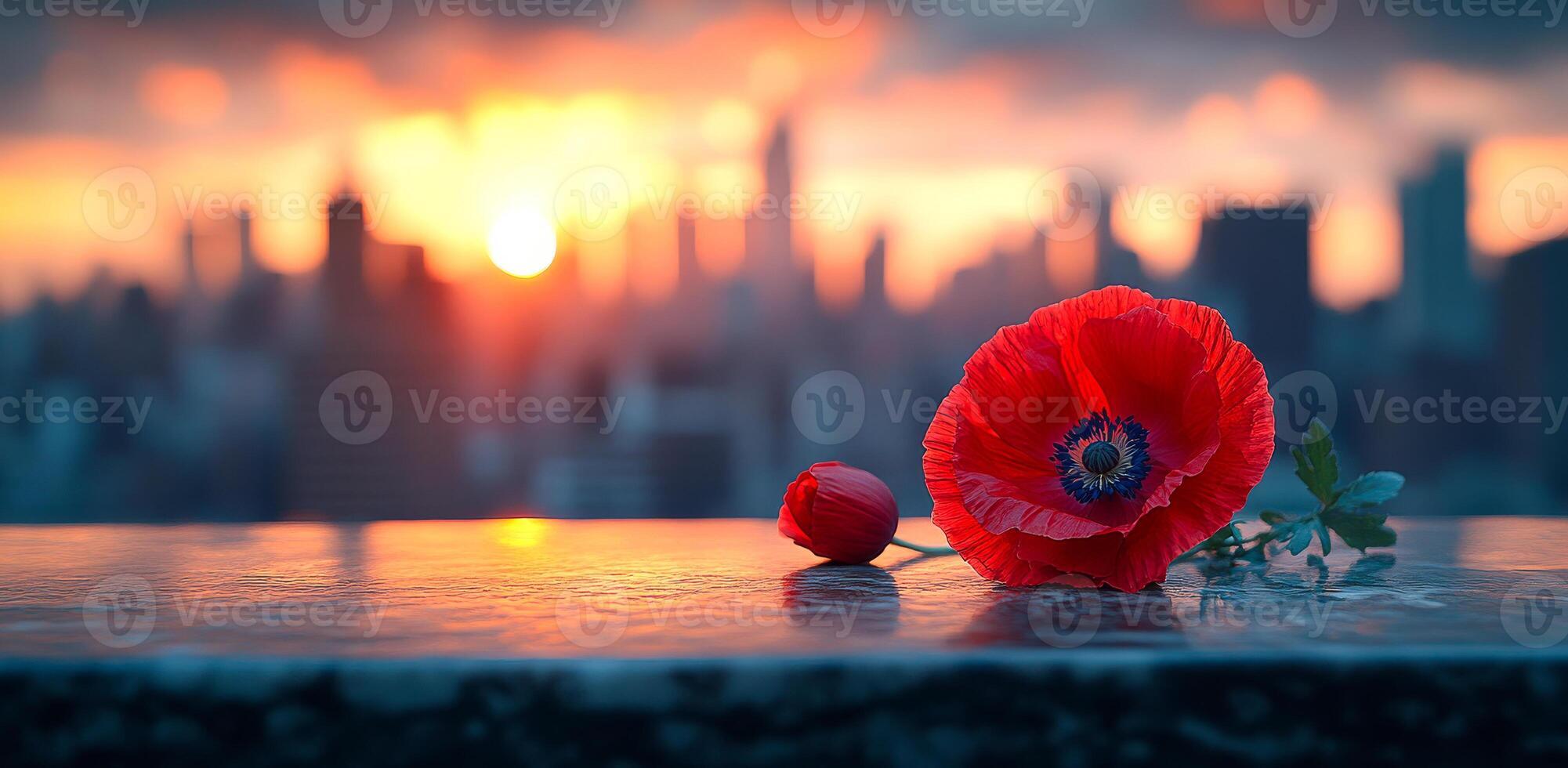 Sunset view over the city with a red poppy flower. A vibrant red poppy rests on a ledge as the sun sets behind the city skyline, creating a beautiful contrast. photo