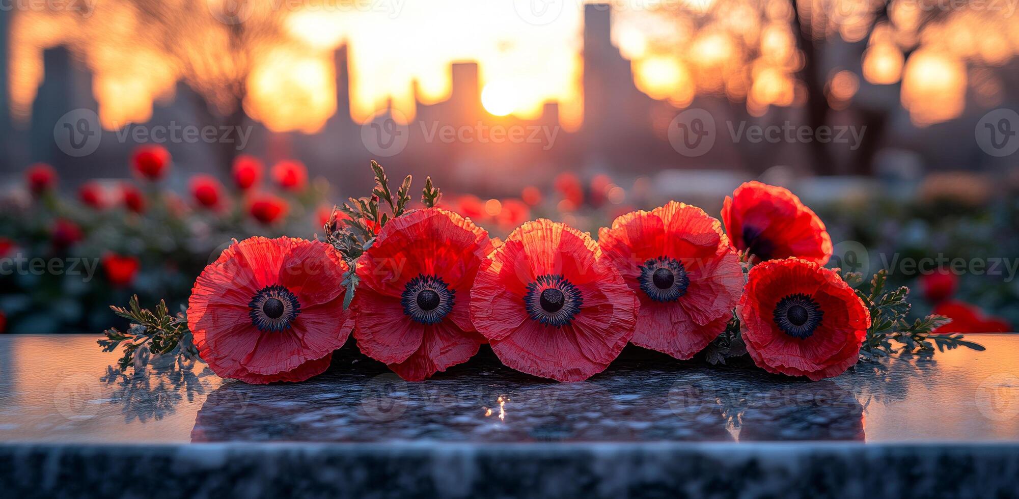 Red poppies on a memorial stone during sunset. Vibrant red poppies adorn a memorial stone against a city skyline at sunset, evoking a serene atmosphere. photo