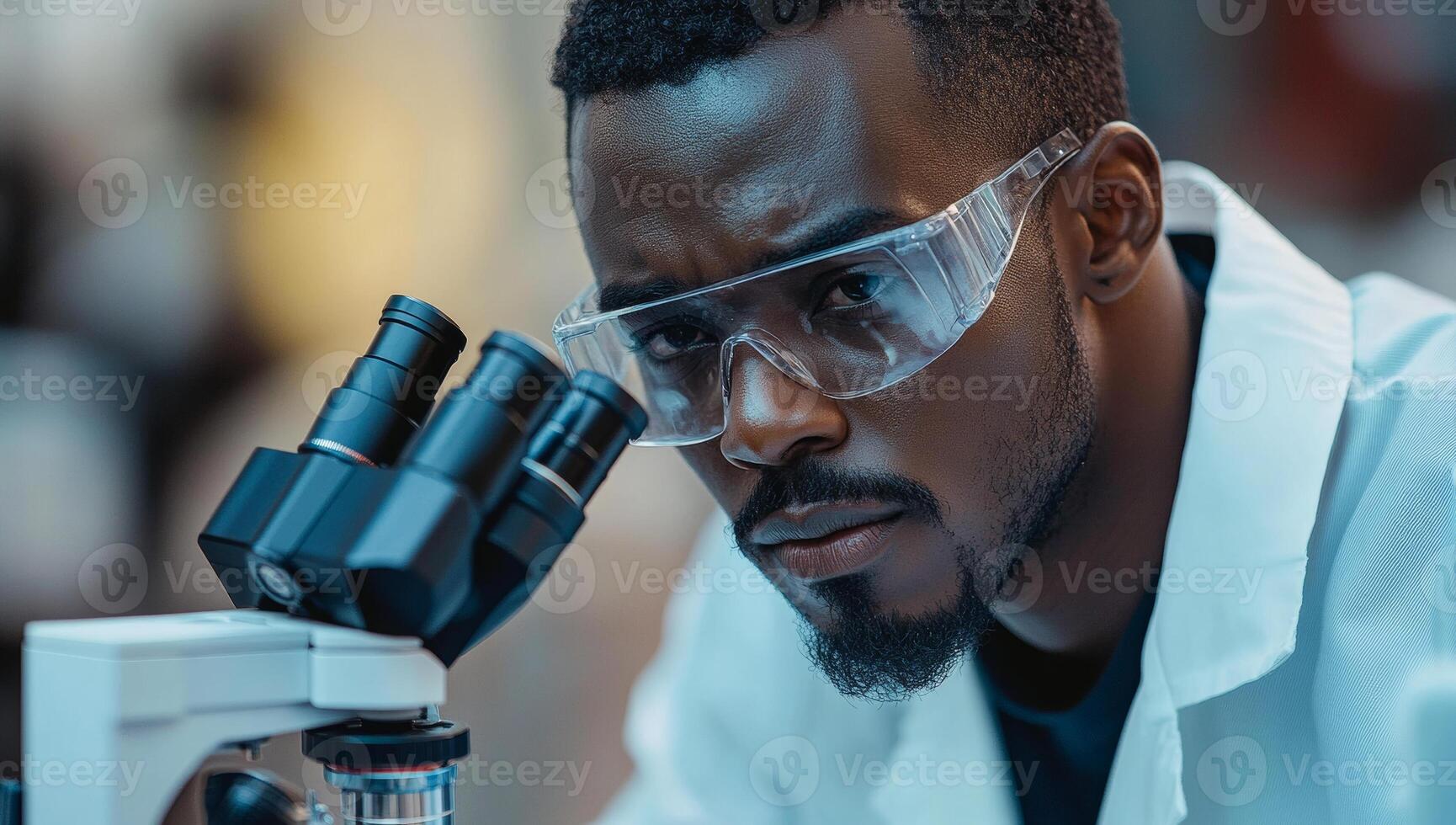 Scientist using a microscope in lab. A focused scientist in a lab coat examines samples under a microscope with serious attention to detail. photo