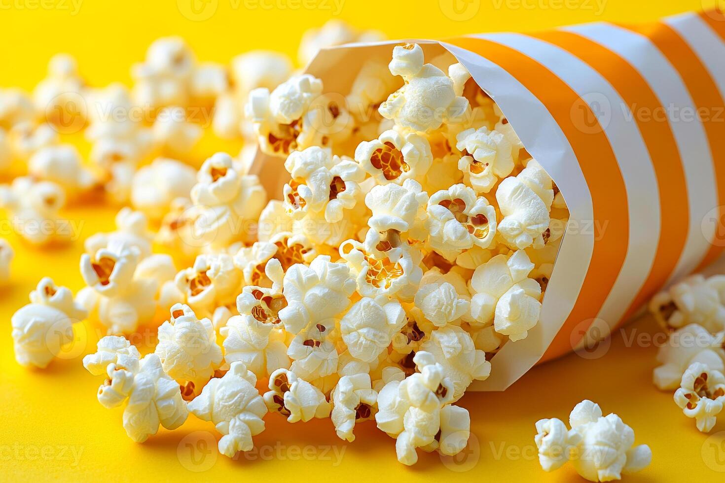 Popcorn spills onto a yellow surface. Delicious popcorn fills a striped container, creating a playful mess on a vibrant yellow background. photo