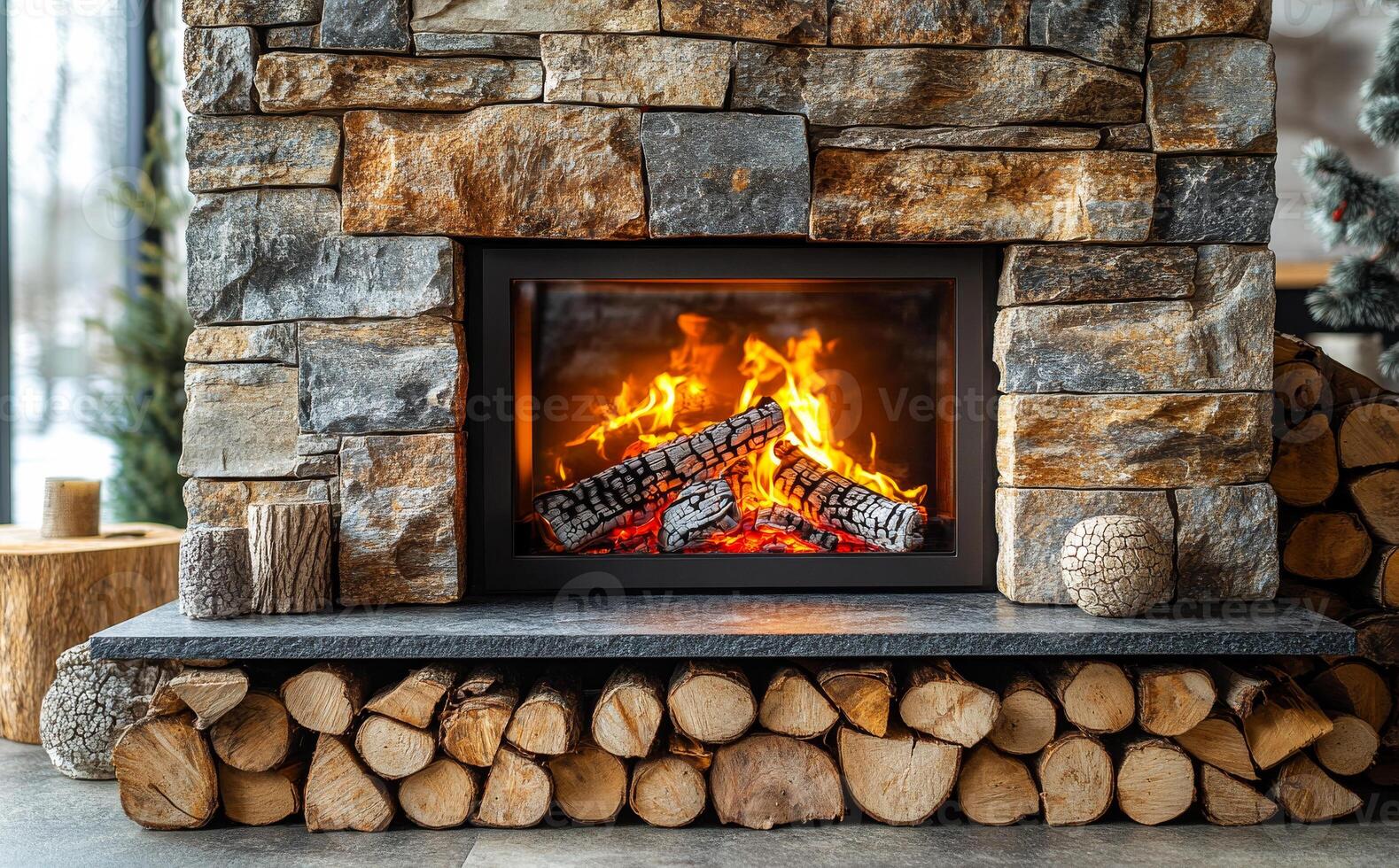 Cozy fireplace with logs in a stylish living room. A warm, inviting fireplace surrounded by stacked logs creates a cozy atmosphere in a modern living room setting. photo