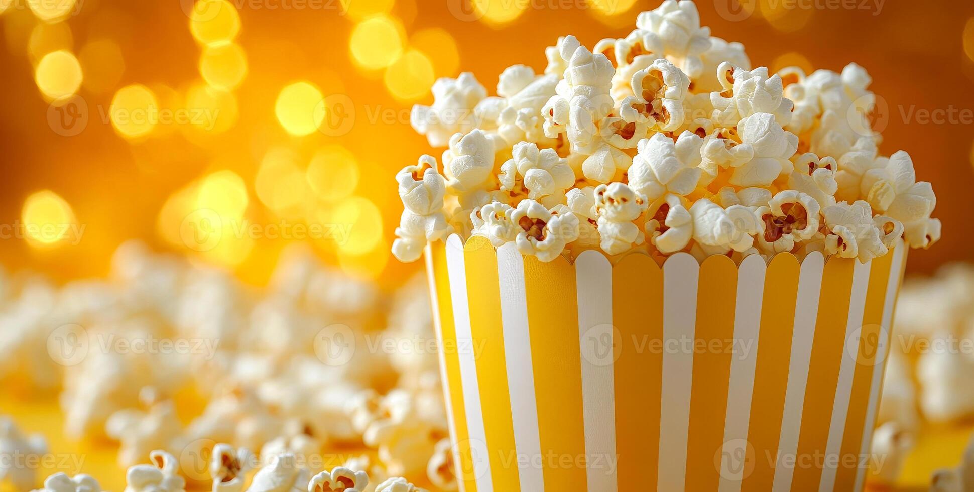 Party popcorn in a striped container. A large container of popcorn sits surrounded by scattered kernels, creating a festive atmosphere for a celebration. photo