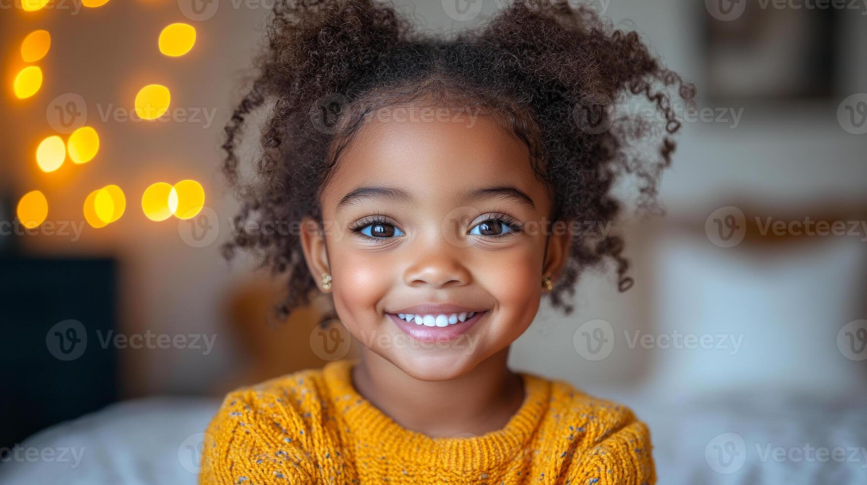 Happy child smiling in cozy room with warm lights. A joyful young girl with curly hair is smiling brightly, surrounded by soft lighting in a comfortable indoor setting. photo