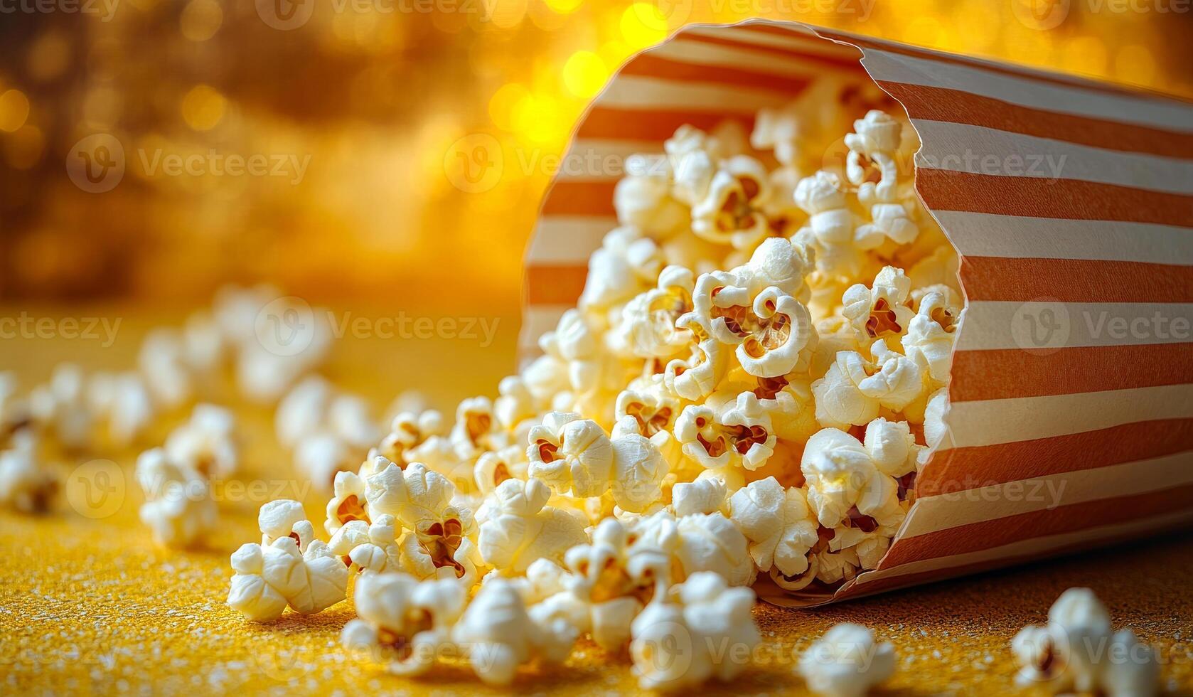 Popcorn overflowing from a striped box. Freshly popped popcorn cascades from a striped container onto a bright surface, creating a fun snack atmosphere. photo