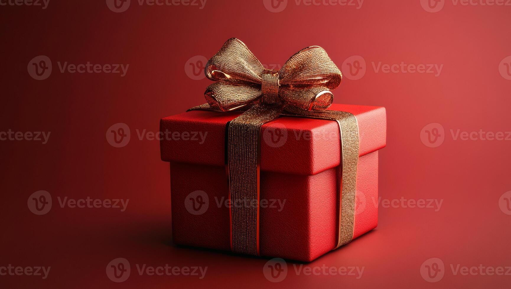 Red gift box with gold ribbon on festive bg. A vibrant red gift box with a golden ribbon sits against a rich red backdrop, creating a festive vibe. photo