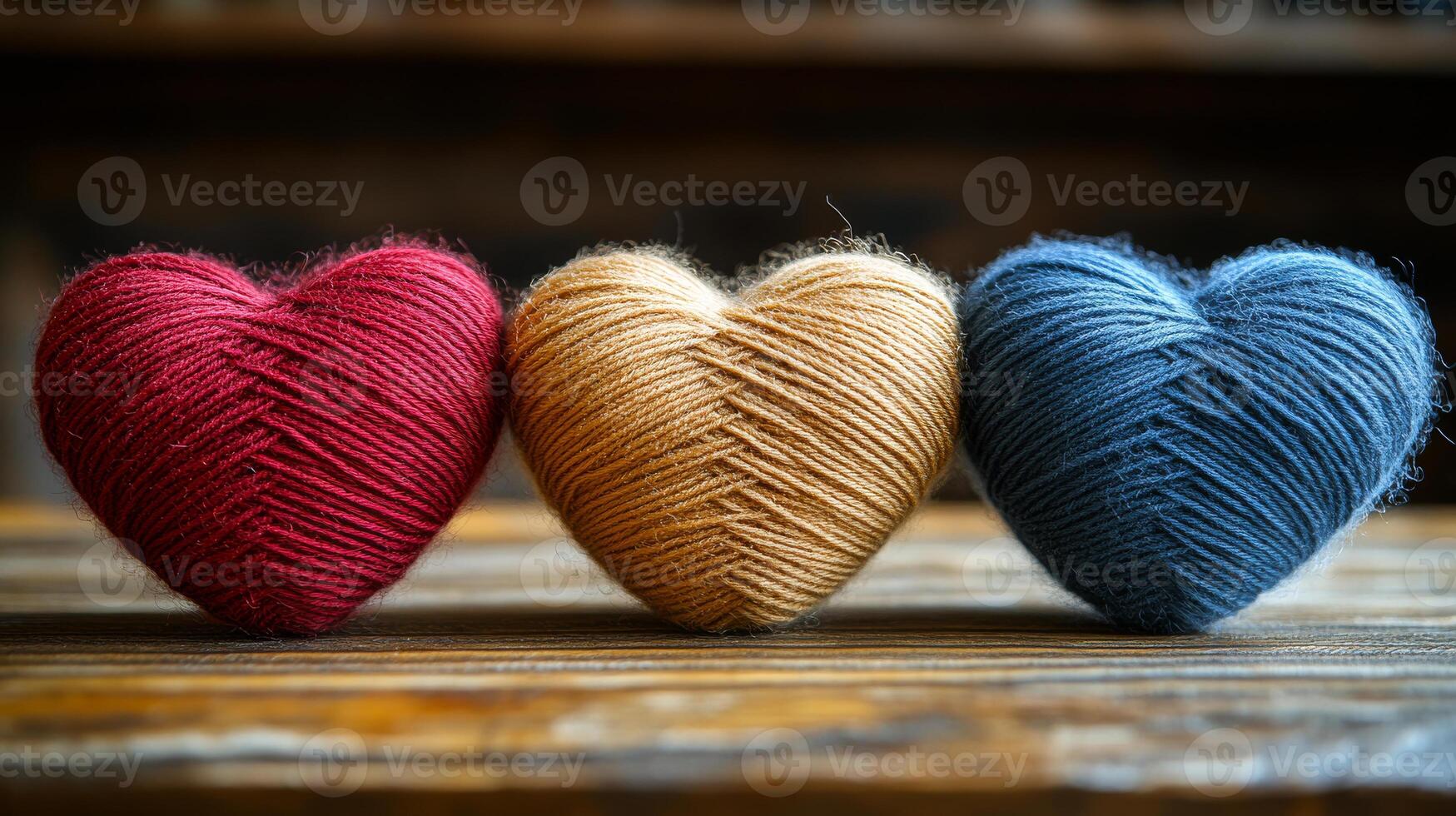 Colorful yarn hearts arranged on a wooden table. Three hearts made of yarn in red, gold, and blue sit neatly on a rustic wooden surface, showcasing their textures. photo