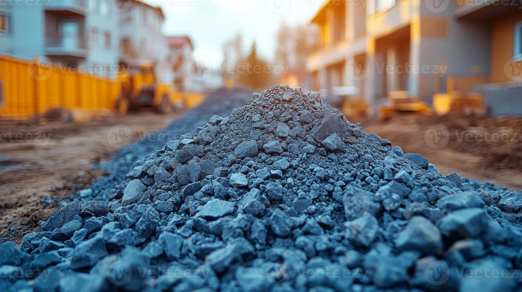 Daytime construction site with gravel. A large pile of gravel sits at a construction site, with new buildings and machinery visible in the background. photo