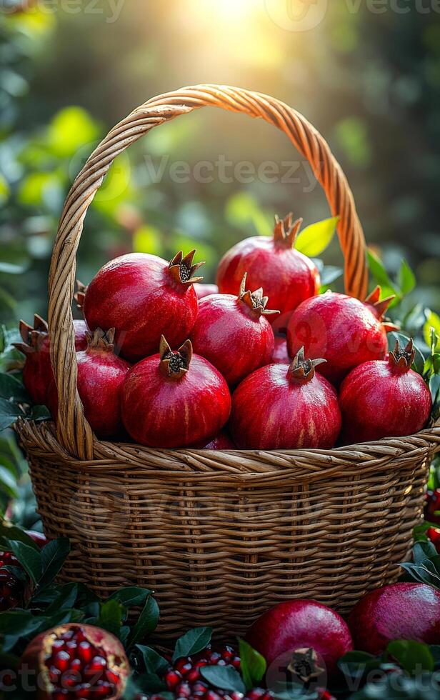 A basket full of red pomegranates. The basket is woven and the pomegranates are ripe and ready to eat photo