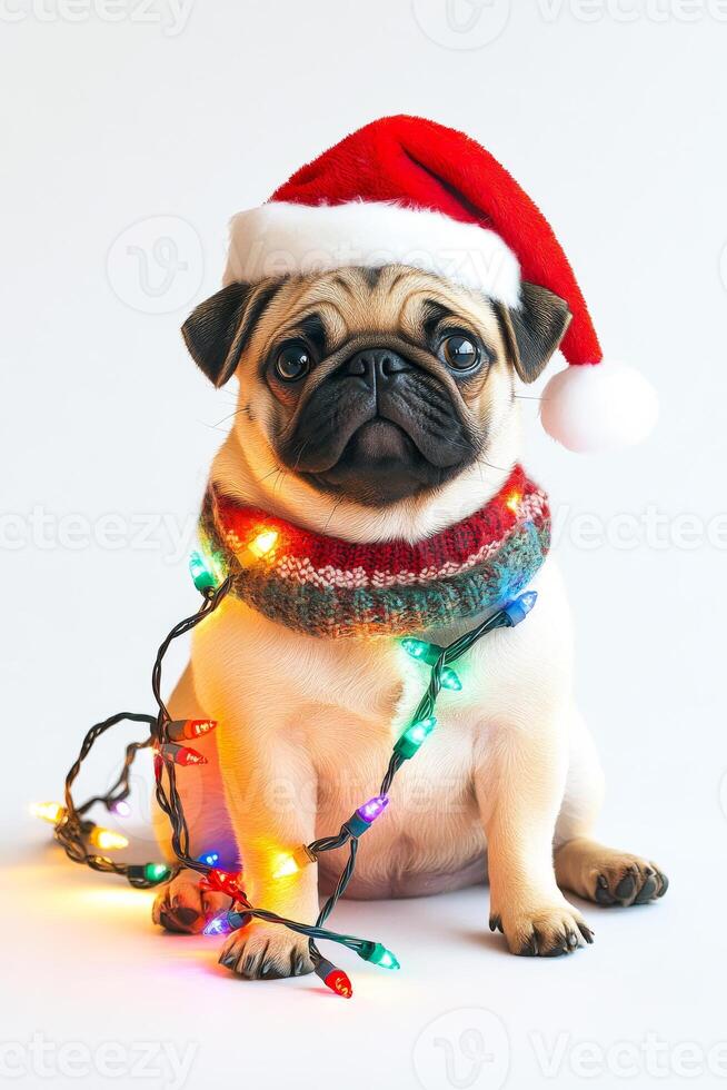 A pug dog is wearing a red Santa hat and a red and white striped scarf. The dog is sitting in front of a Christmas tree with lights photo