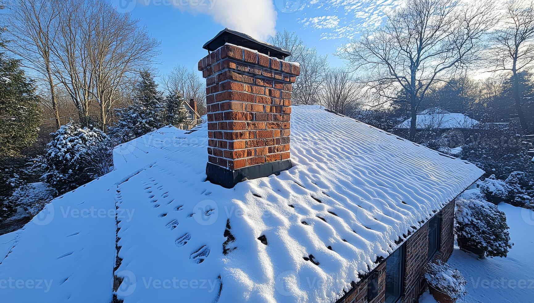 A brick chimney on a house covered in snow. The snow is piled up on the roof, covering the chimney and the roof. The chimney is a prominent feature of the house photo