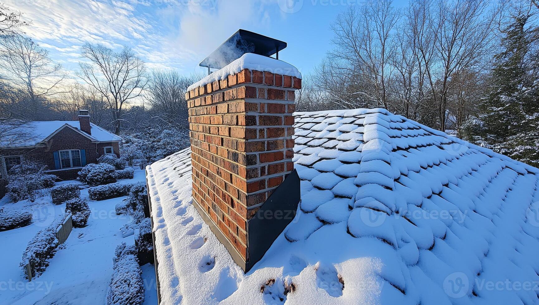 A brick chimney on a snowy roof. The chimney is covered in snow and has a black cap. The roof is covered in snow and the chimney is the only visible part of the house photo