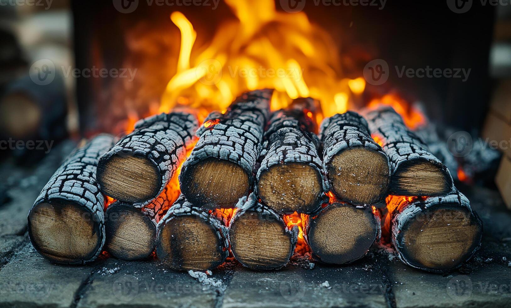 A pile of wood is burning in a fire. The fire is orange and yellow, and the wood is black and charred. The scene is warm and cozy, with the fire providing a sense of comfort and relaxation photo