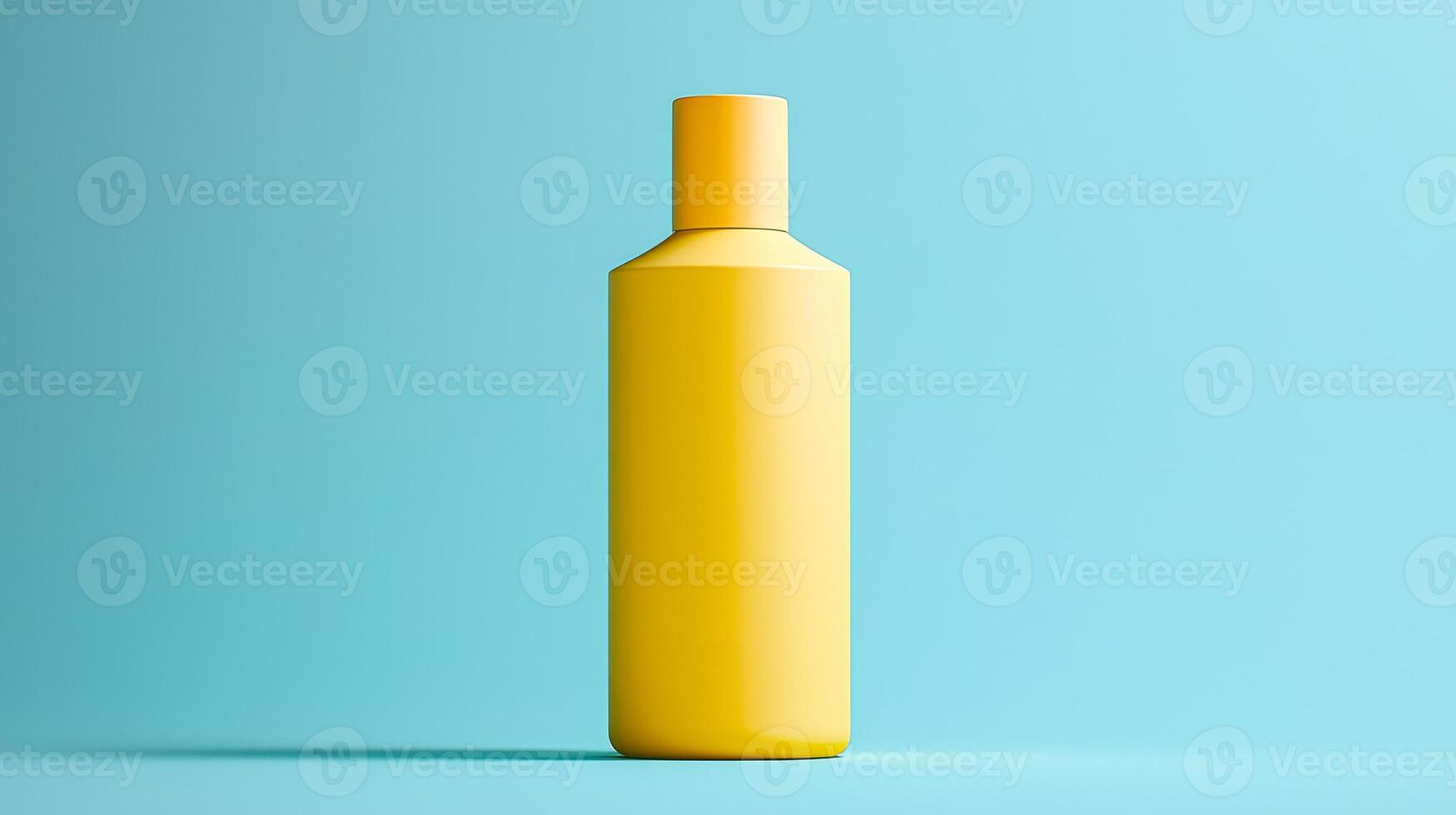 A vivid yellow bottle stands upright on a turquoise surface, showcasing its sleek design and vibrant color. photo