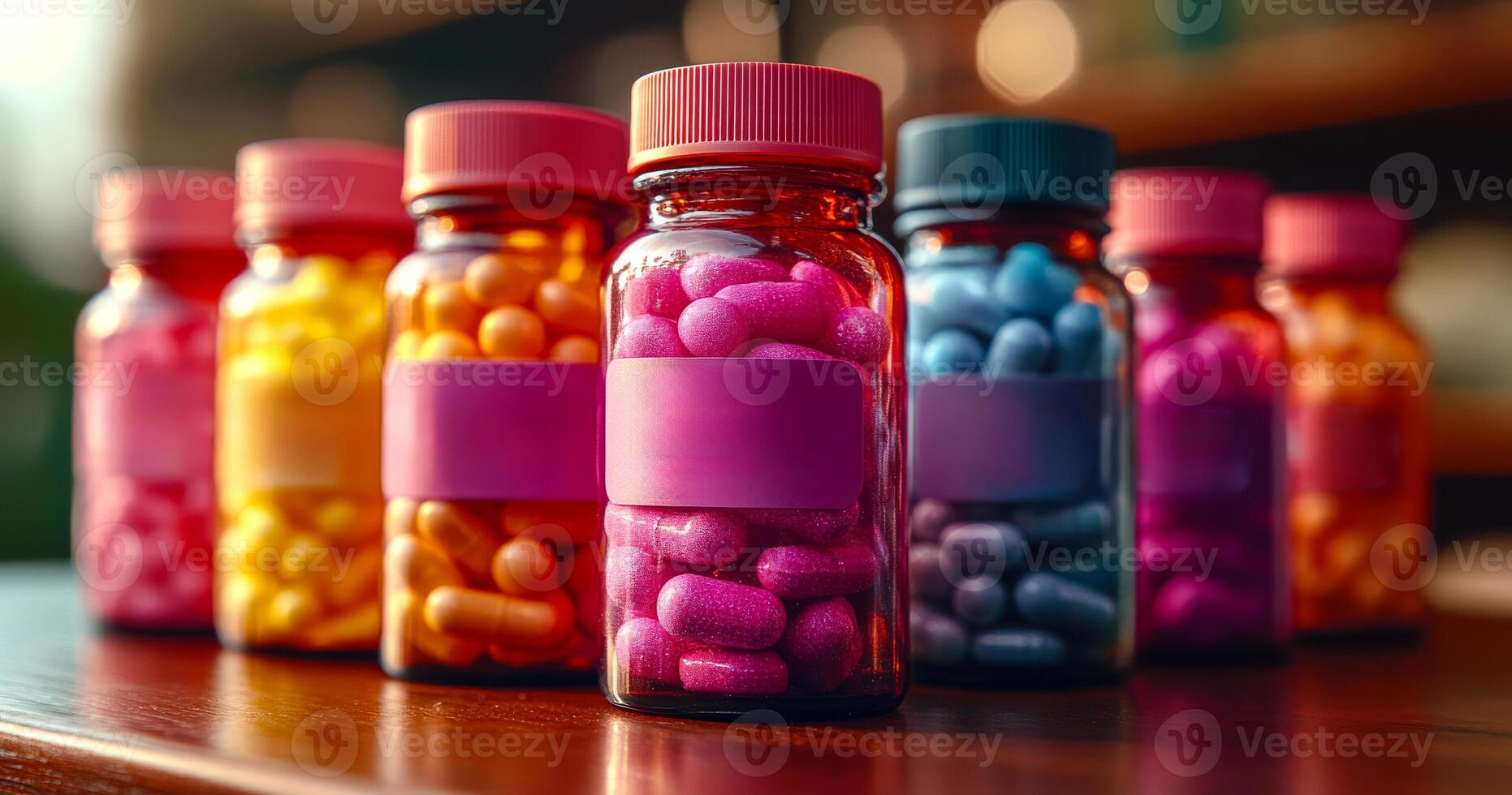 A row of colorful pills are lined up on a table. The pills are in different colors and shapes, and they are all in bottles. The bottles are arranged in a row, with the first bottle on the left photo