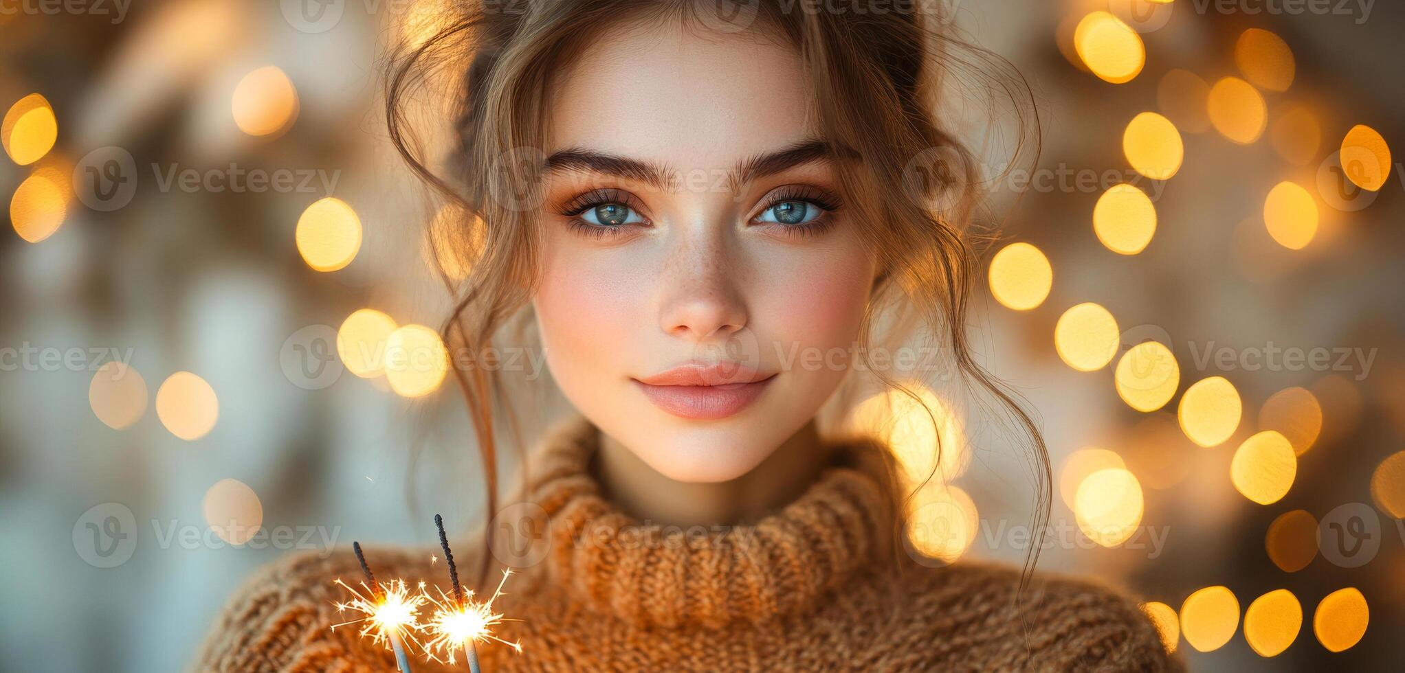 A woman with blue eyes and blonde hair is wearing a brown sweater and holding a sparkler. The image has a warm and cozy feeling, with the woman's smile and the sparkler adding a festive touch photo