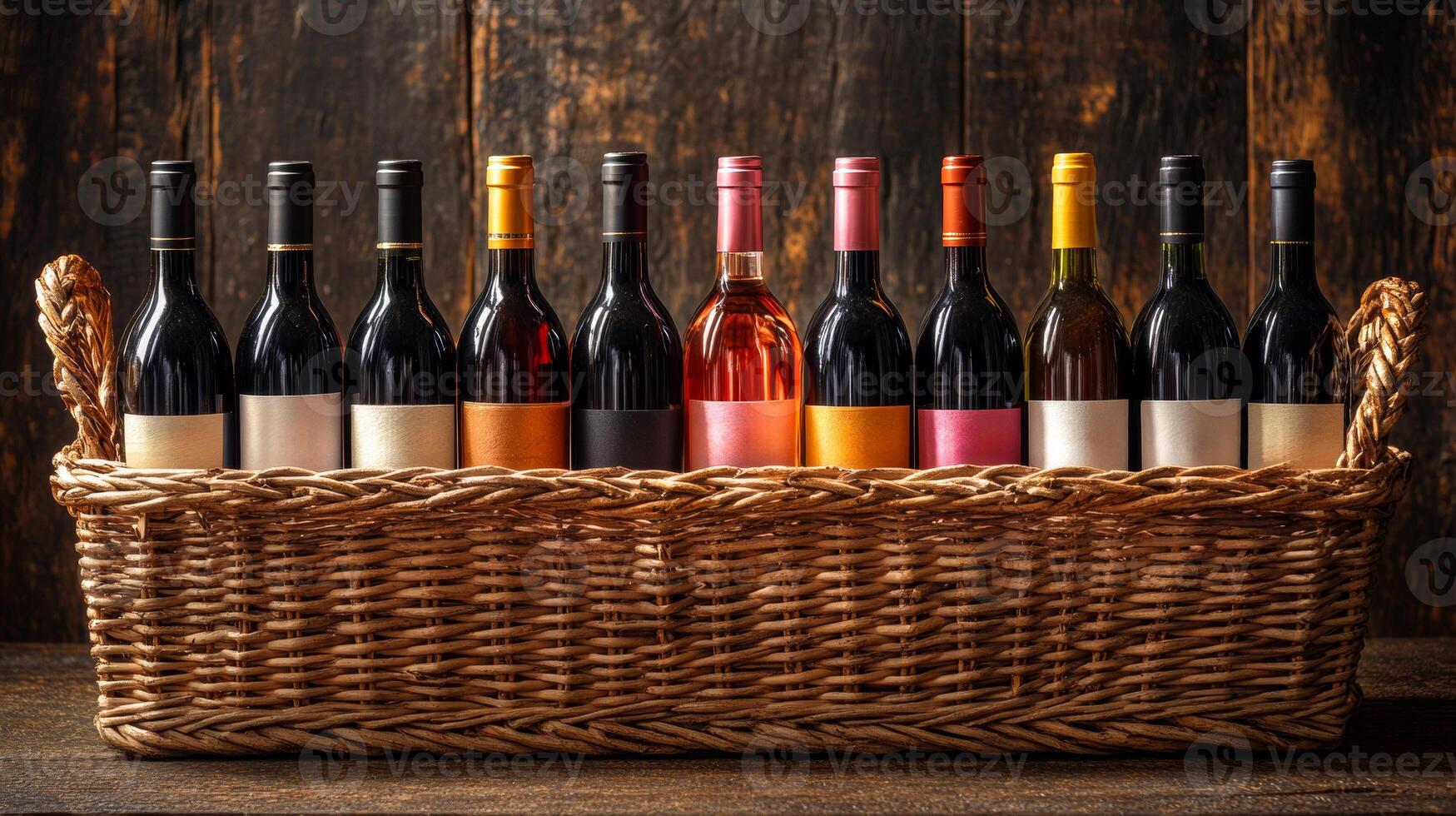 A basket full of wine bottles with different colors and sizes. The basket is on a wooden surface photo