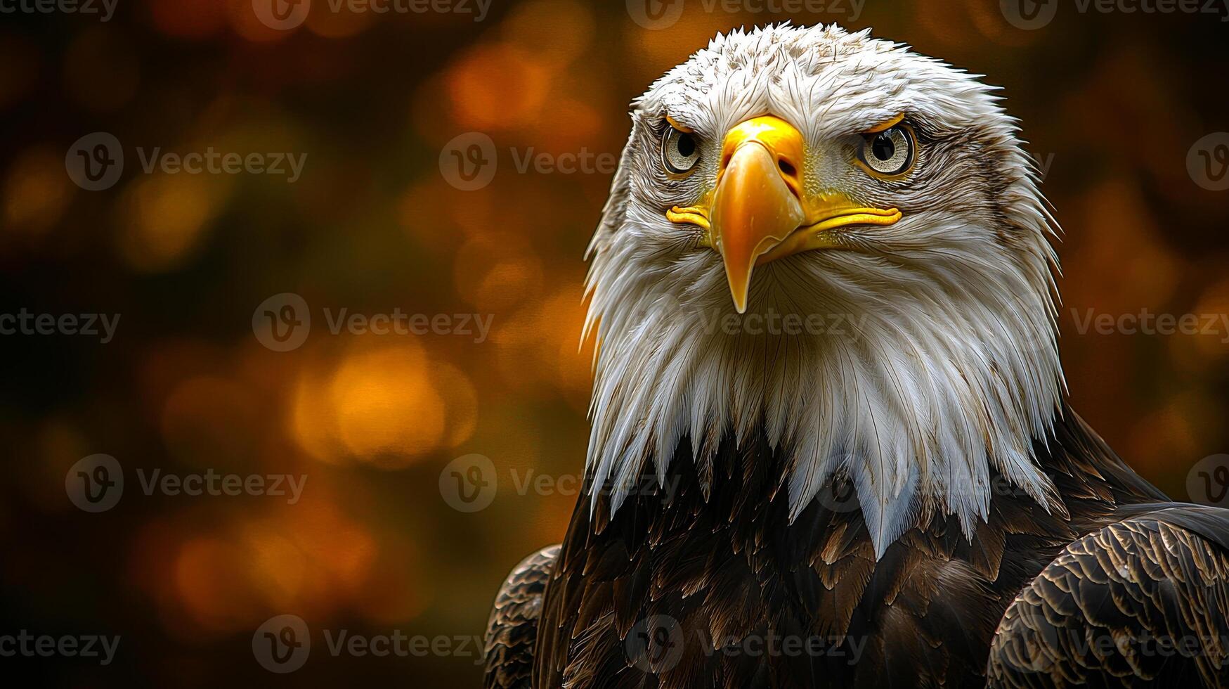A bald eagle is staring at the camera with its beak open. The image has a bold and powerful feel to it, as if the eagle is challenging the viewer to look away photo