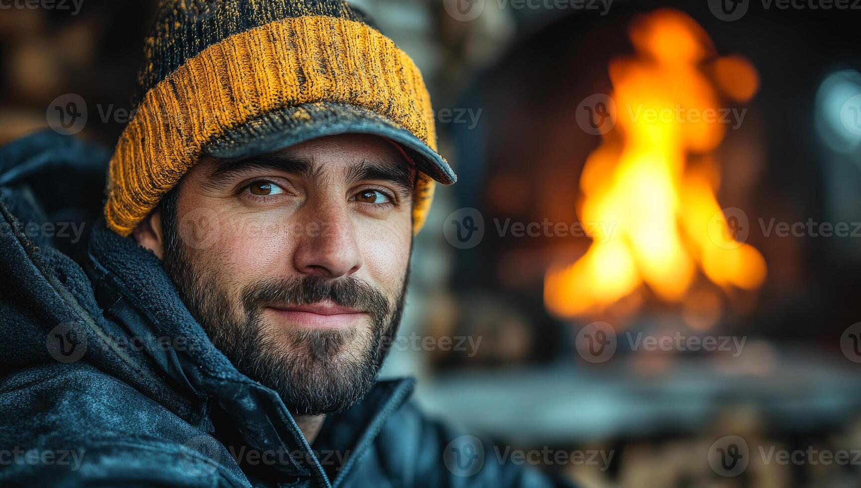 A man wearing a yellow hat and a black jacket is smiling in front of a fireplace. The image conveys a warm and cozy atmosphere, with the man's smile suggesting that he is enjoying the moment photo
