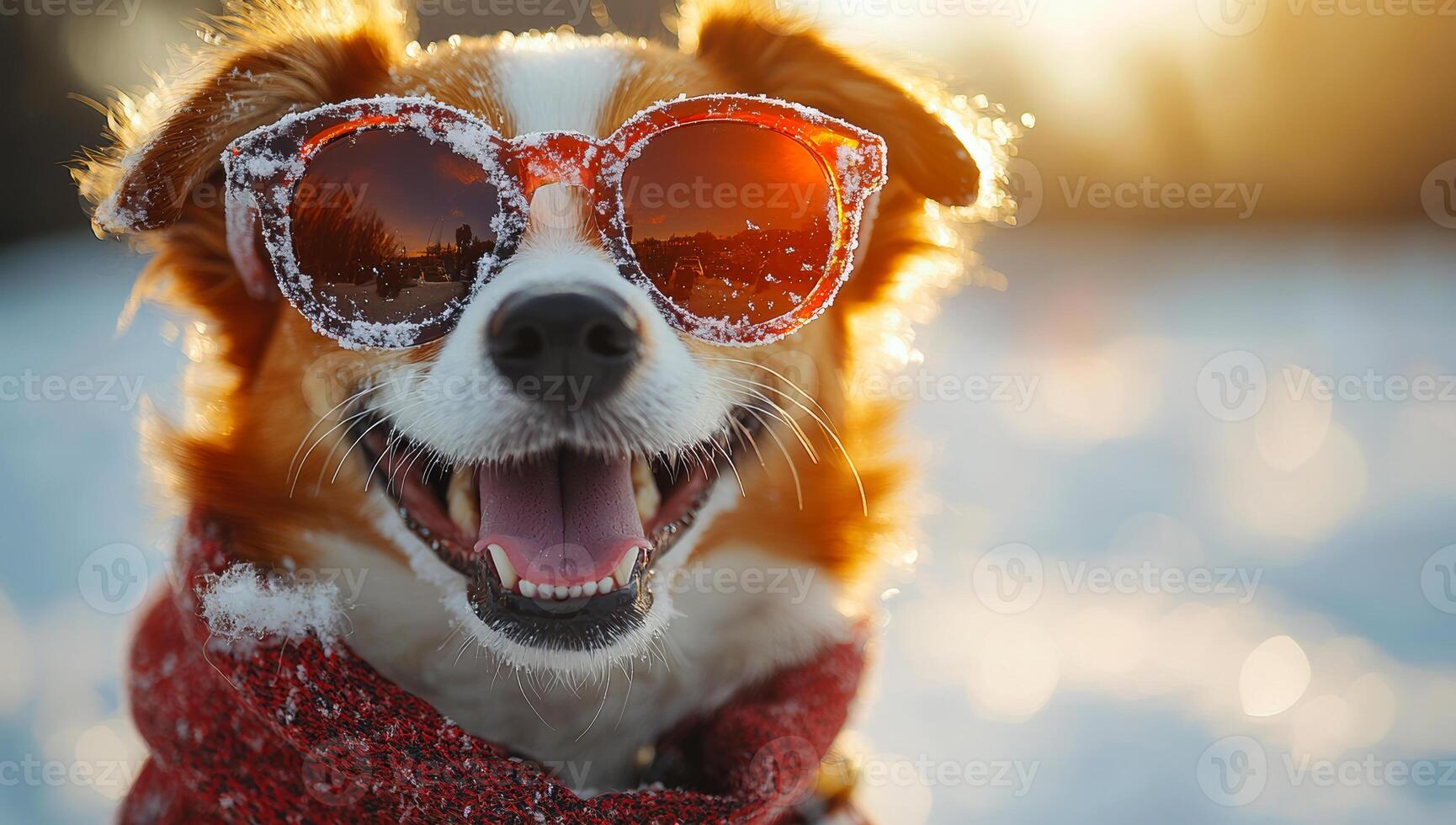 A dog wearing sunglasses and a red scarf is smiling. The dog's eyes are open wide, and it is enjoying the winter weather photo