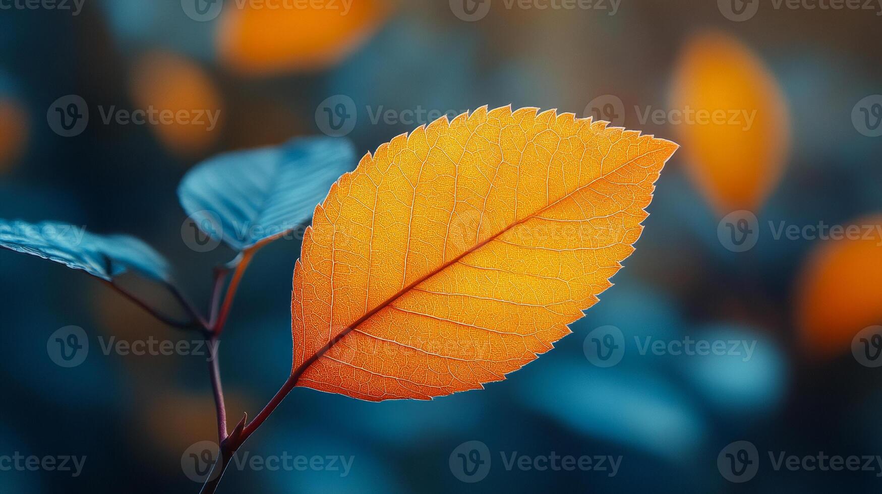 A leaf with a blue background. The leaf is orange and has a shiny surface. The background is blue and the leaf is the main focus of the image photo