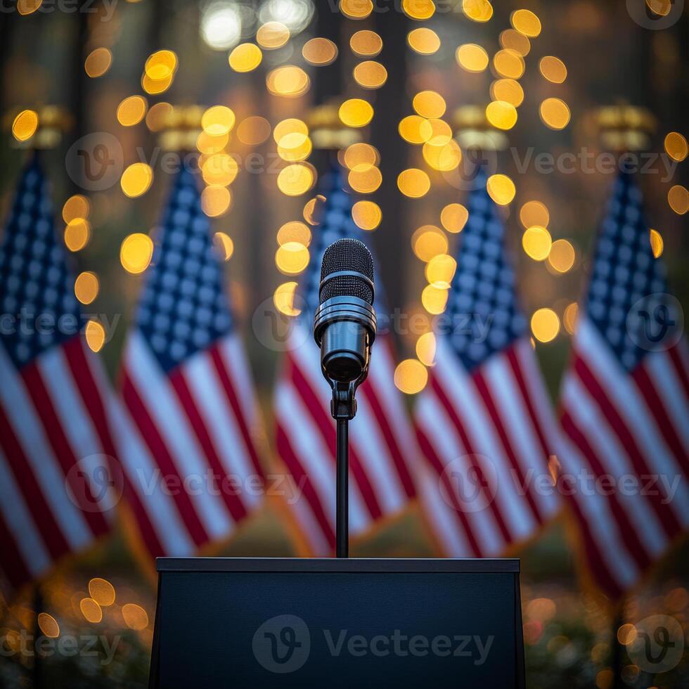A microphone is on a podium in front of a row of American flags. The flags are red, white, and blue photo