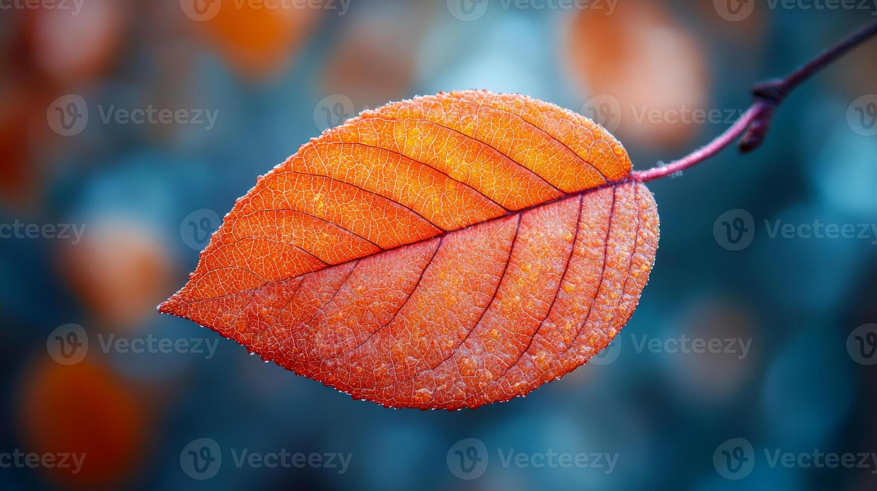 A leaf is shown in a blue background. The leaf is orange and has a frosty appearance photo