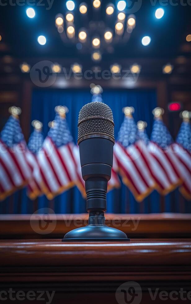 A microphone is on a wooden podium in front of a backdrop of American flags. The microphone is black and shiny, and it is the focal point of the image. The flags behind the microphone are red, white photo