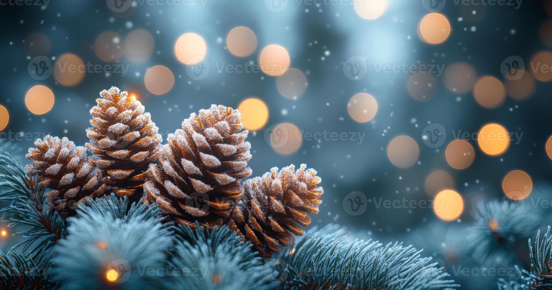 A close up of pine cones on a snowy ground. The pine cones are surrounded by a blue sky and the snow is falling. The scene has a peaceful and serene mood photo