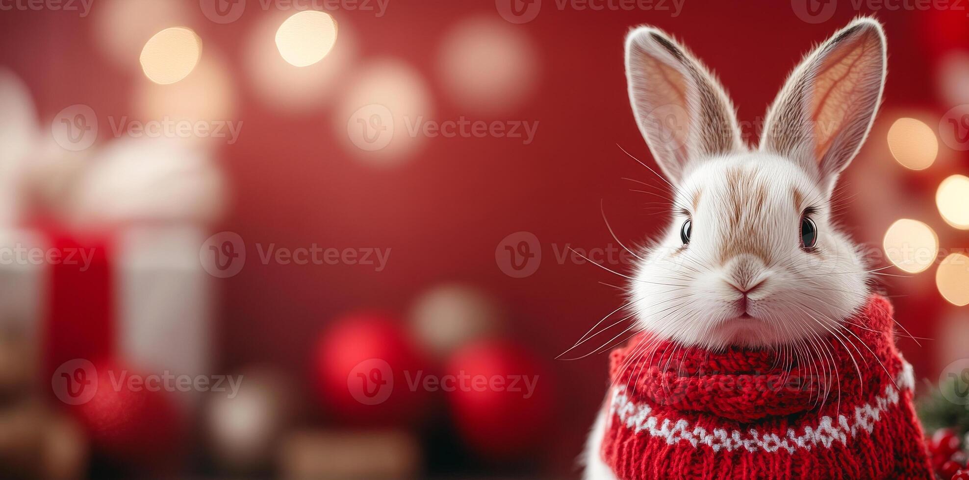 A rabbit wearing a red sweater stands in front of a Christmas tree. The scene is festive and cheerful, with the rabbit being the center of attention photo