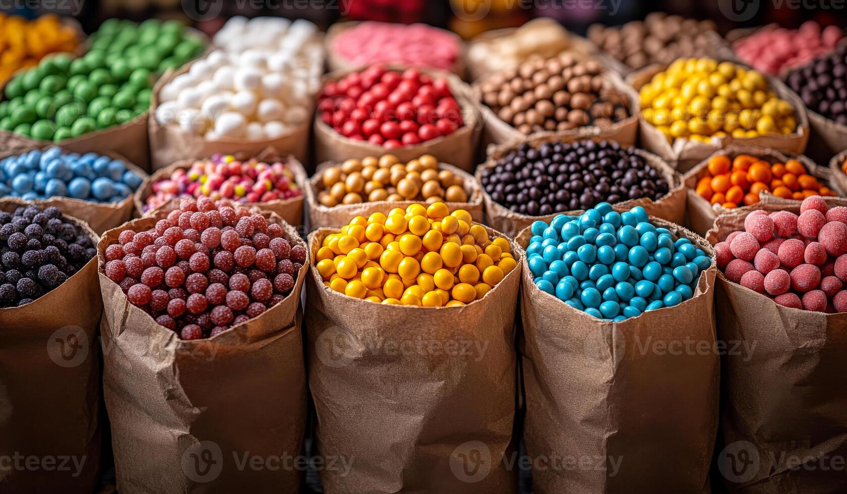 Colorful candy display in a market setting. Multiple bags filled with various colorful candies are arranged neatly. The vibrant hues create an inviting atmosphere. photo