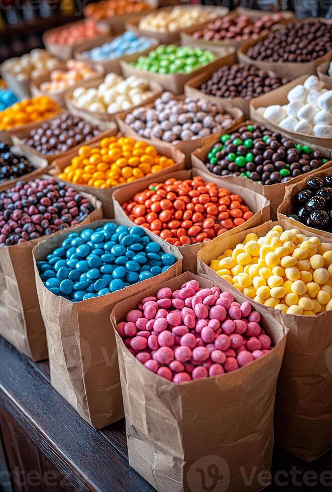Colorful candy display at a market stall in autumn. Brightly colored candies in paper bags attract customers at a busy market stall during the fall season. photo
