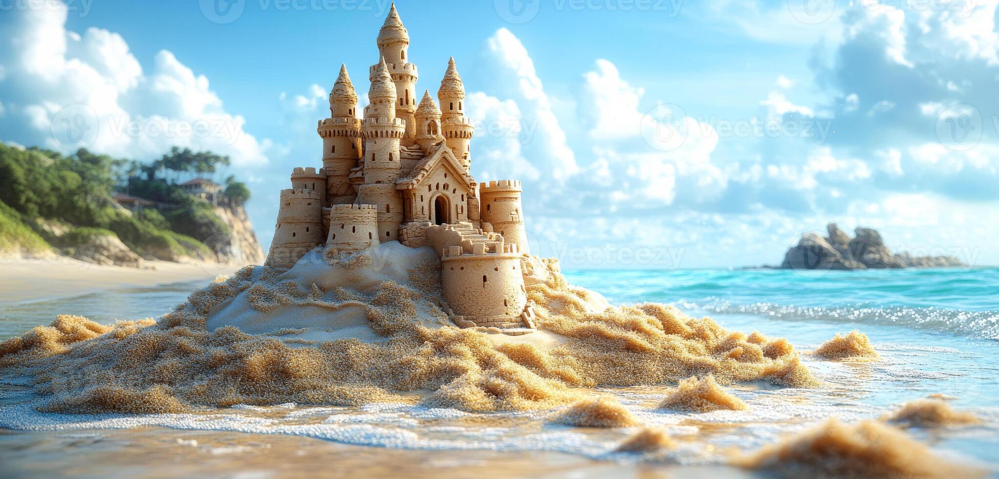 Sand castle built on a sunny beach near the ocean. A detailed sand castle rises from the shore with the ocean waves gently lapping at its base under a bright sky. photo