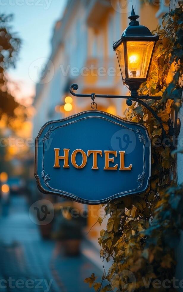 Charming hotel sign in a cozy evening setting. A beautifully lit hotel sign hangs near a quaint street adorned with autumn foliage during twilight hours. photo