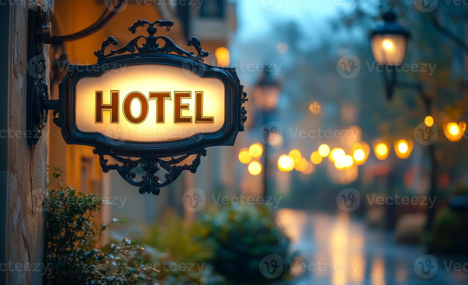 Charming hotel sign illuminated at dusk. A vintage hotel sign glows softly as rain falls, reflecting warm lights from nearby lampposts in a quiet street. photo